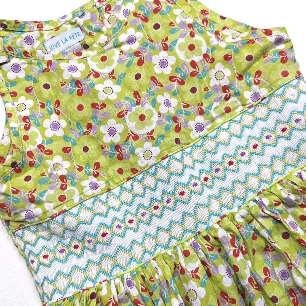 Vive La Fete Dress Girls Size 6 Green Floral Sundress Smocked Boutique
